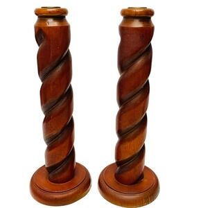 Vintage Barley Twist Tall  Wood Candlestick Holders Set of 2 Cherry Brown Decore